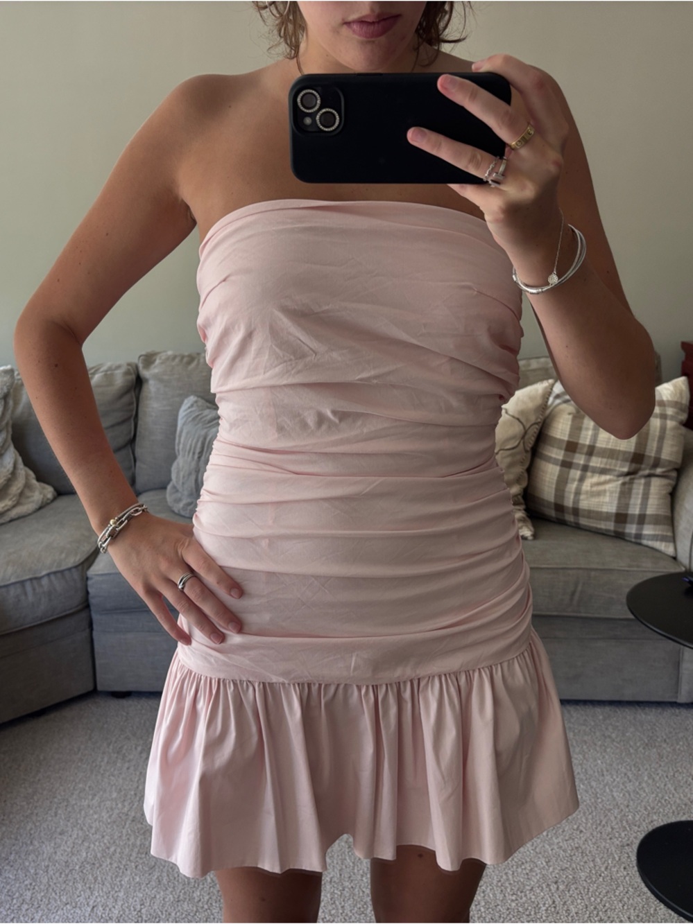 Peppermayo Strapless Ruched Mini Dress in Light Pink